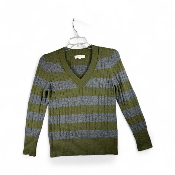 LOFT Green Gray Striped Sweater Women’s L Wool Blend V-Neck Cable Knit Soft Cozy - Picture 2 of 11
